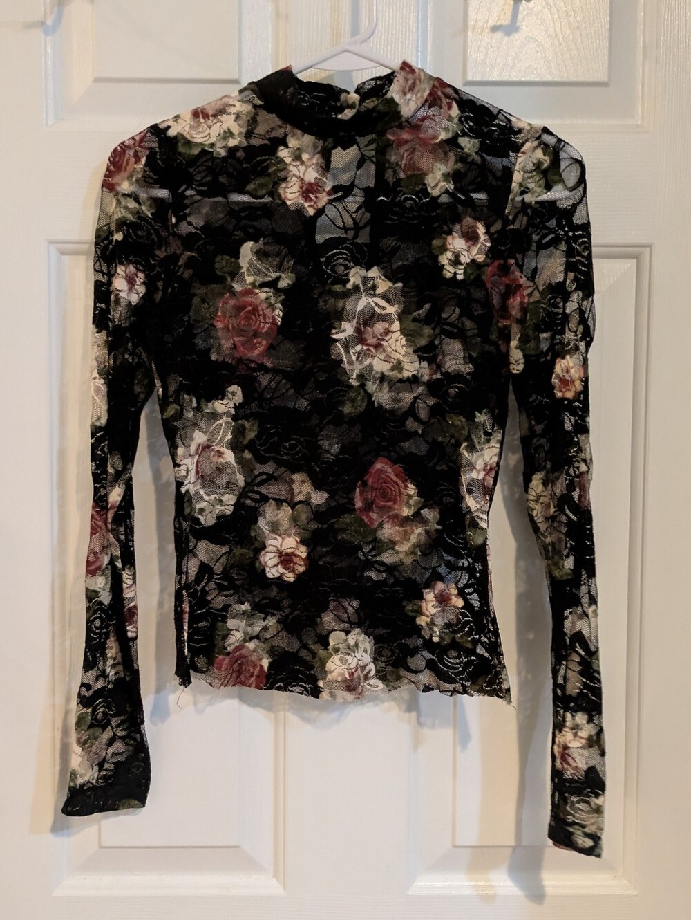 Floral Lace Long-Sleeve Top - Black with Rose Print